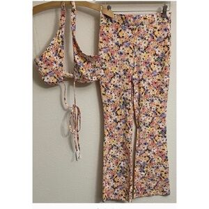 Haute Monde‎ Floral Two Piece Set Crop Top Flare Pants Outfit - S